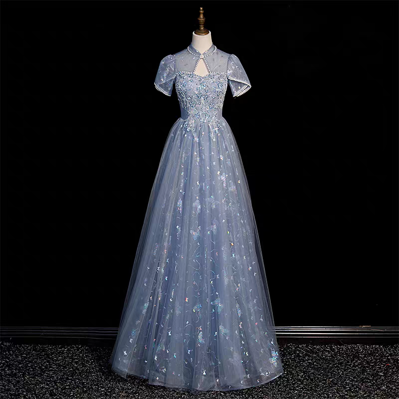 Ethnic Fashion Dress - فستان أنيق أزرق للعروض المسرحية للطالبات،